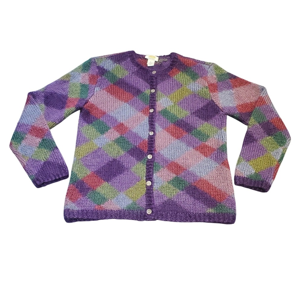 Vintage Talbots‎ Hand Knit Mohair Cardigan Sweater 90s Argyle Abstract Large